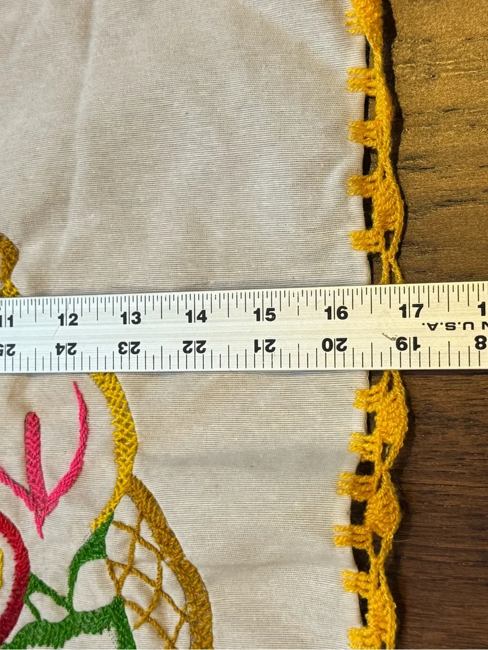 Embroidered Floral & Butterfly tortilla napkin / Doily with Yellow Crochet Edge